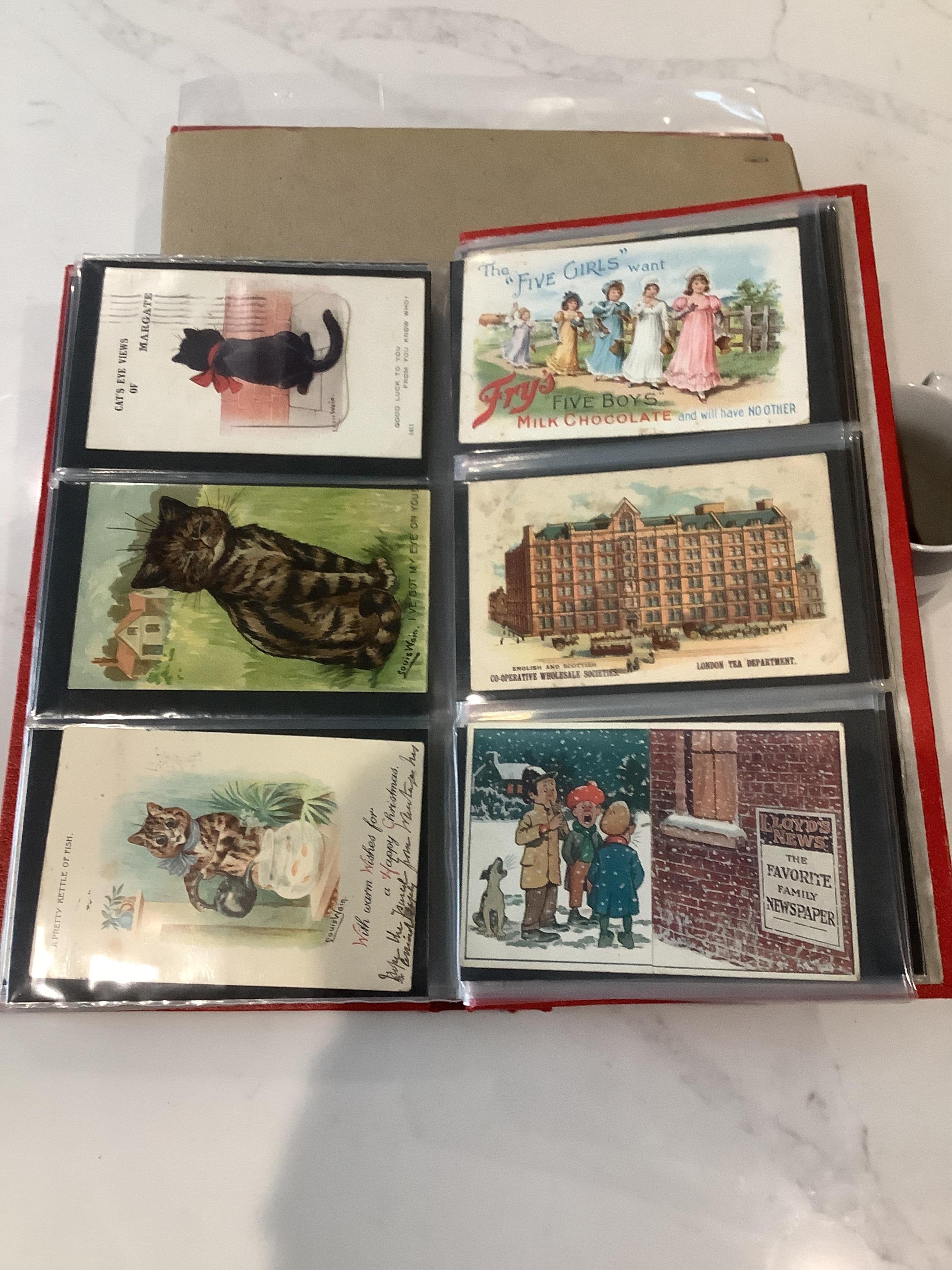 An album of assorted novelty postcards, including Louis Wayne cats, fantasy heads, silks, 1870 advertisement and 1891 Royal Naval Exhibition (97)